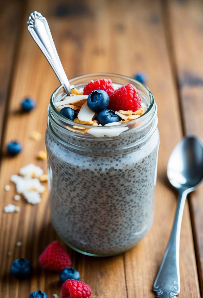 A glass jar filled with chia seed pudding topped with fresh berries and coconut flakes on a wooden table