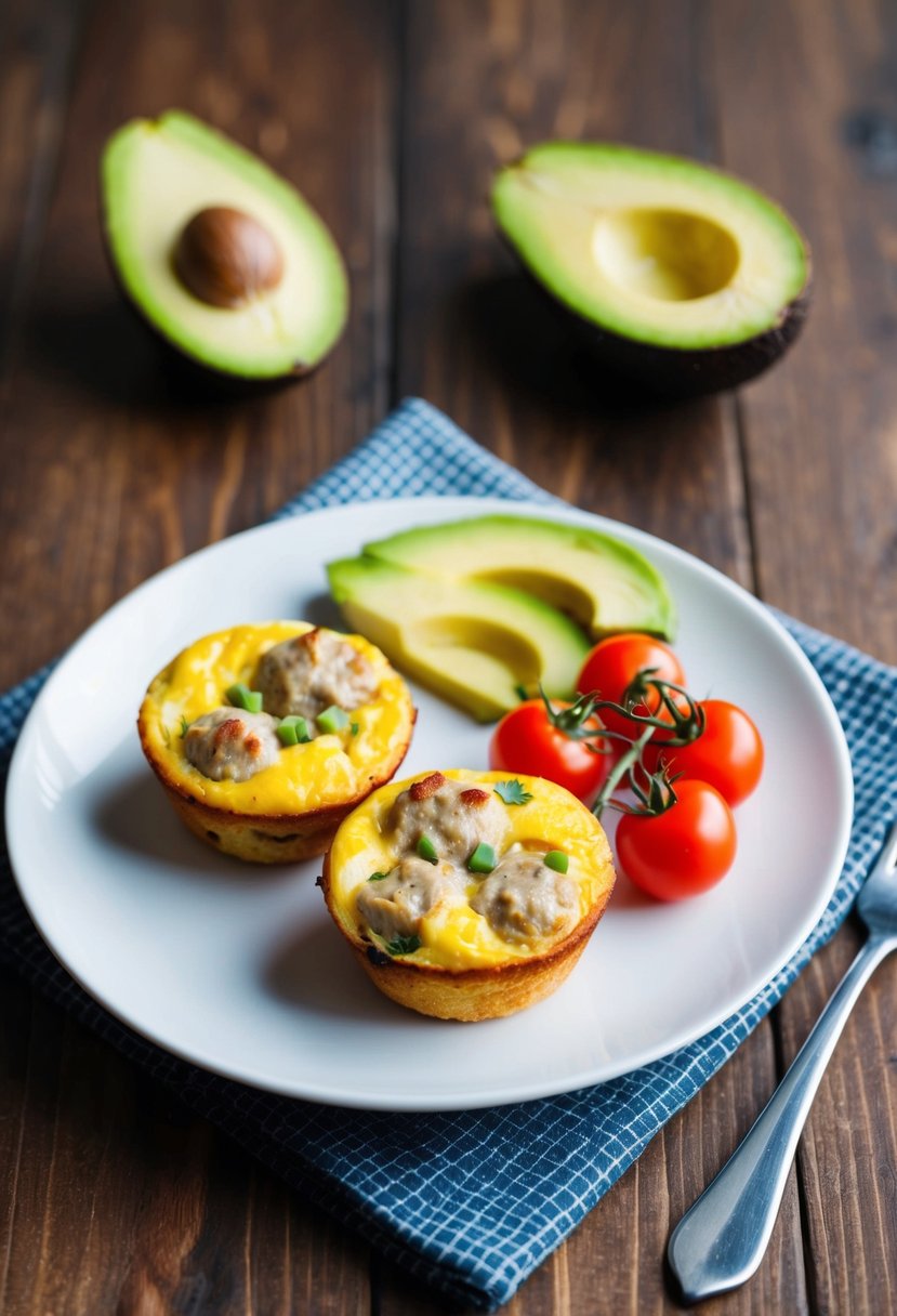 A plate of sausage and egg muffins with a side of avocado and cherry tomatoes on a wooden table