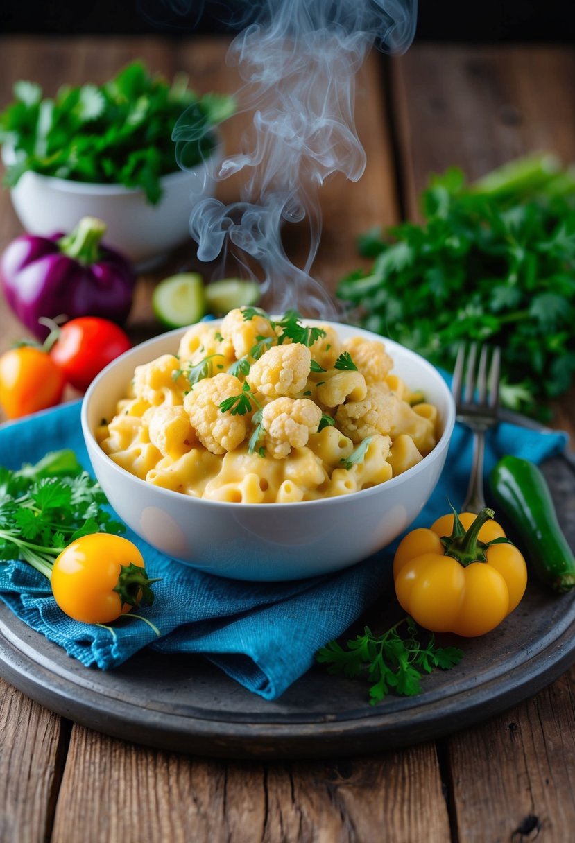 A steaming bowl of cauliflower mac and cheese surrounded by colorful vegetables and herbs on a rustic wooden table