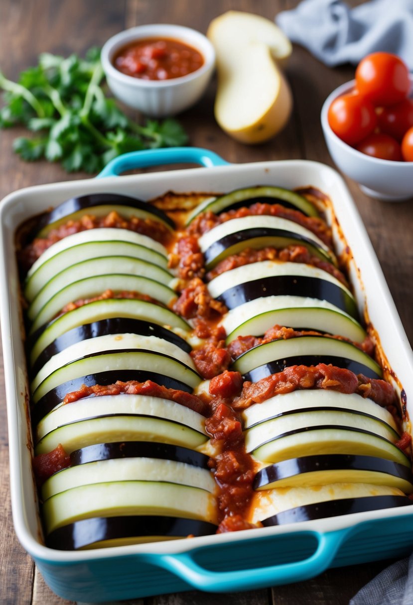 A colorful array of sliced eggplant, layers of cheese, and marinara sauce arranged in a baking dish, ready to be assembled into a delicious ketogenic eggplant lasagna