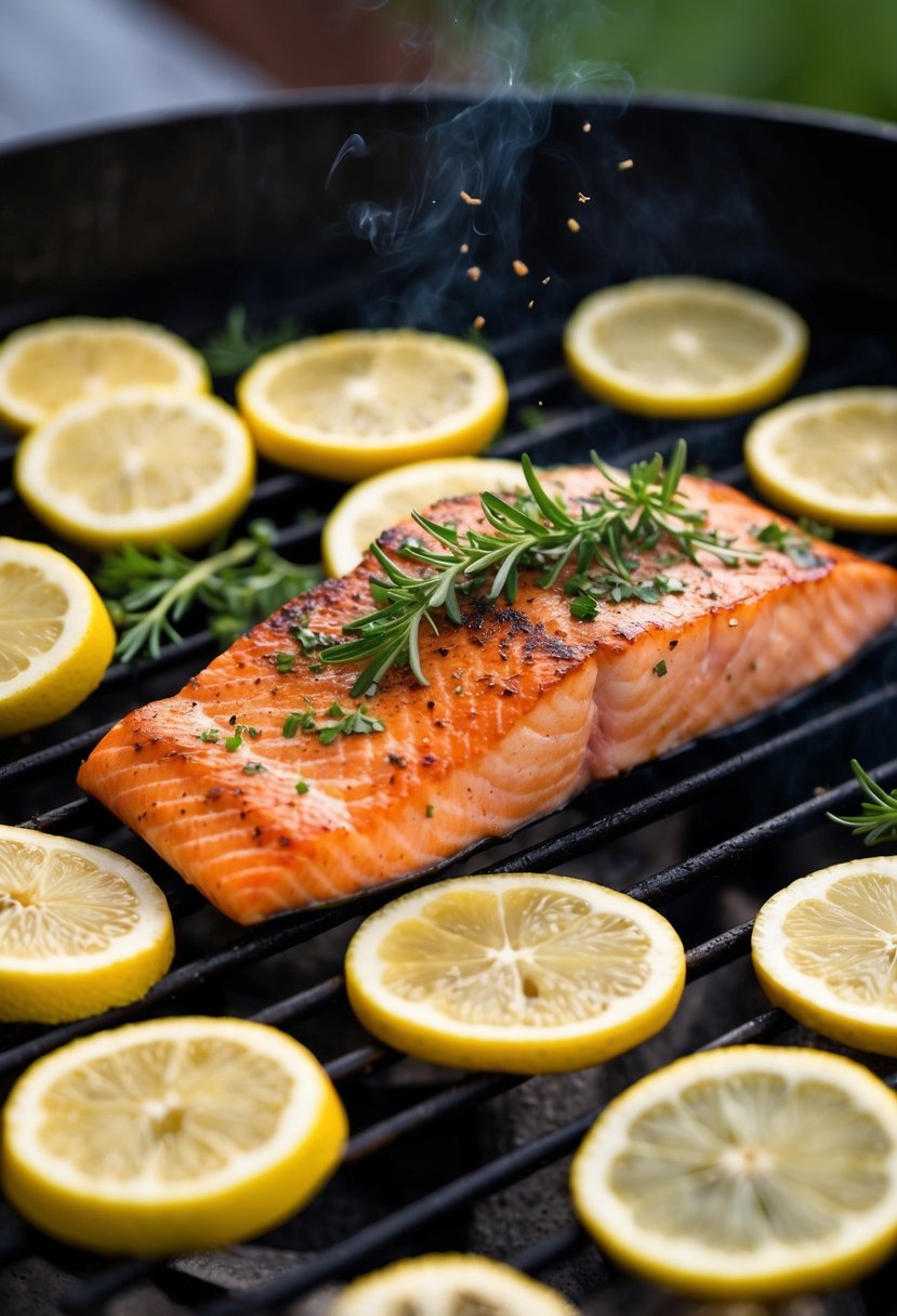 A succulent salmon fillet sizzling on a grill, surrounded by fresh lemon slices and a sprinkle of fragrant herbs