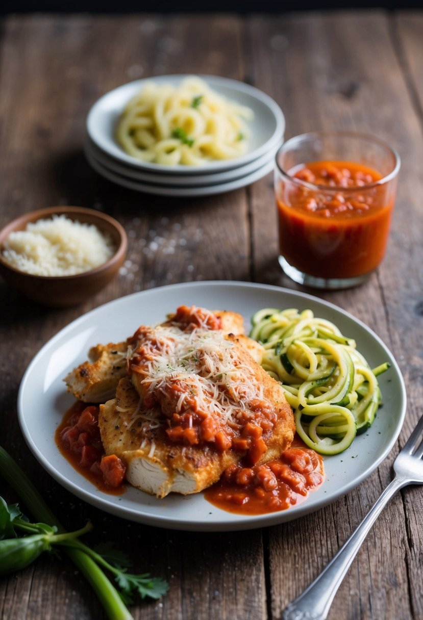 A plate of Keto Chicken Parmesan with a side of zucchini noodles and marinara sauce on a rustic wooden table