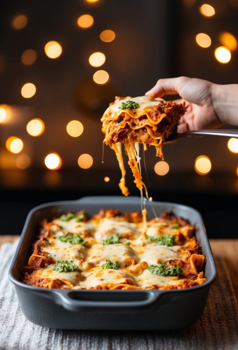 A bubbling pan of pesto chicken lasagna being pulled out of the oven