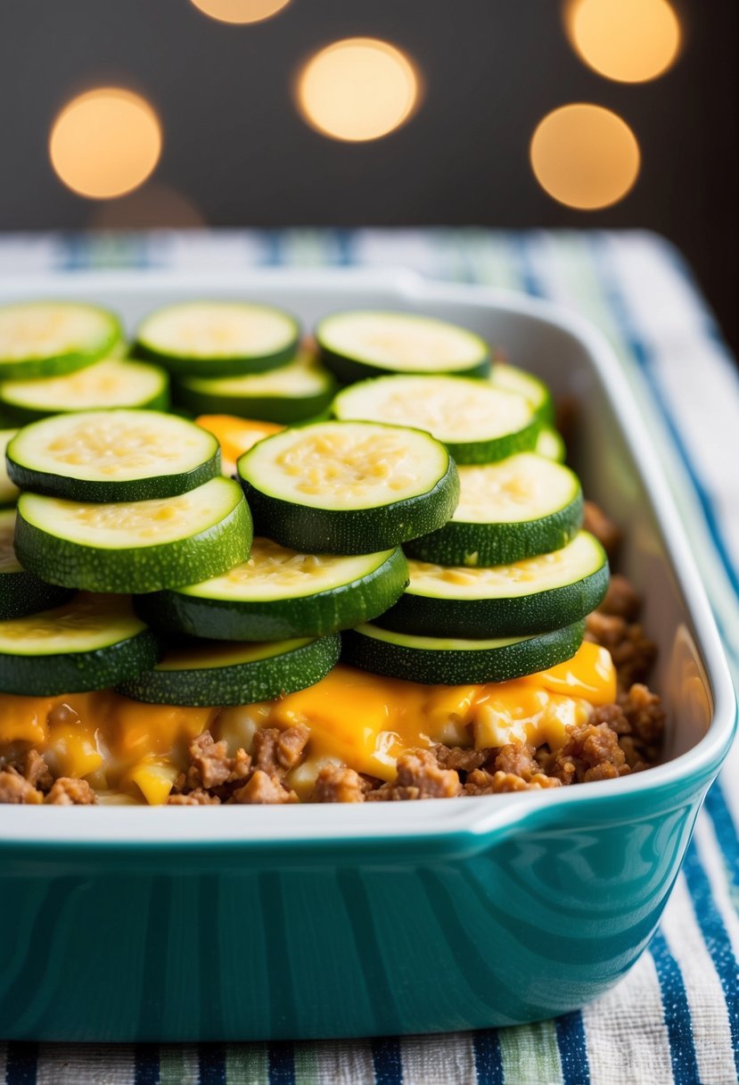 A colorful array of sliced zucchini and layers of seasoned ground turkey and cheese, stacked in a baking dish ready for the oven