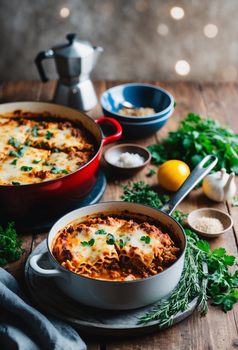 A rustic kitchen with a bubbling pot of Greek lamb lasagna on a wooden table, surrounded by fresh herbs and ingredients