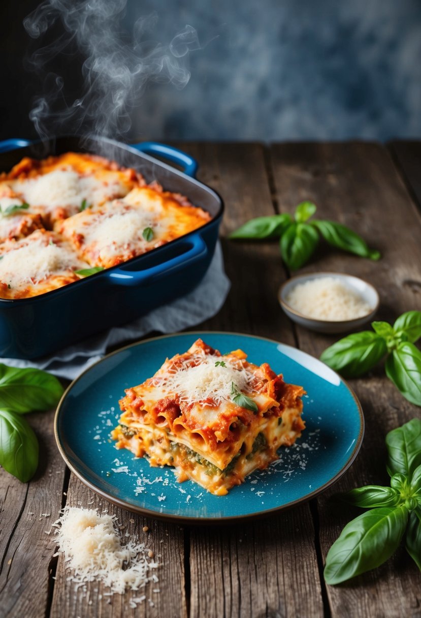 A steaming four cheese lasagna sits on a rustic wooden table, surrounded by fresh basil leaves and a scattering of grated Parmesan cheese