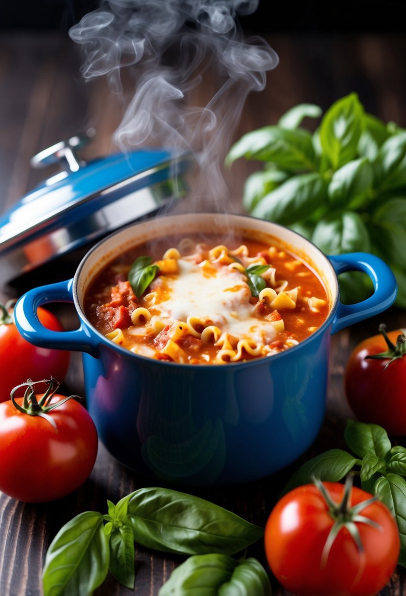 A steaming pot of lasagna soup surrounded by fresh basil, tomatoes, and melted cheese