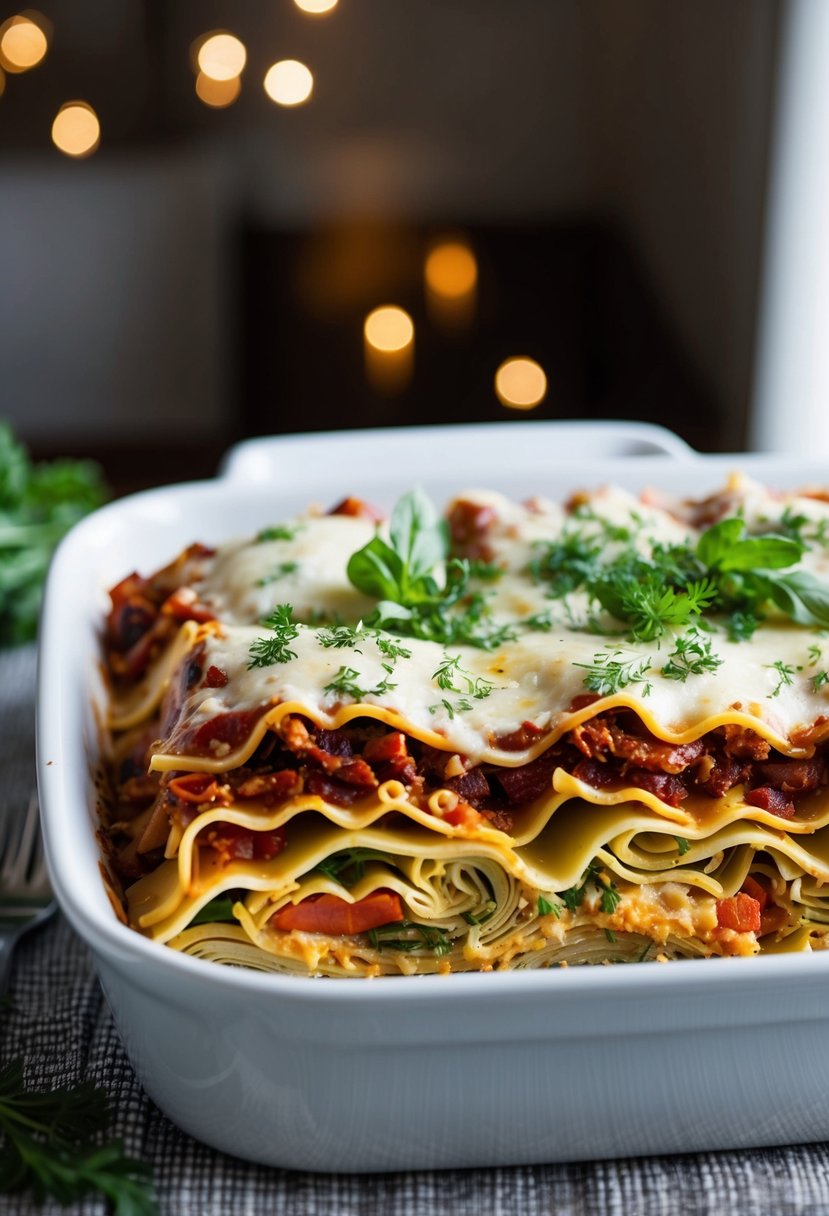 Layers of artichokes, sun-dried tomatoes, and lasagna noodles stacked in a baking dish, topped with melted cheese and fresh herbs