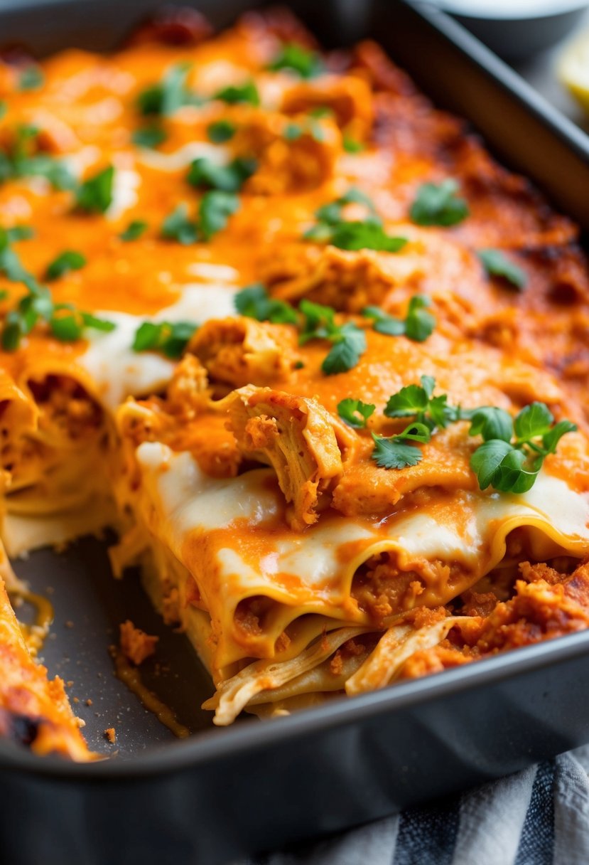 A steaming hot Buffalo Chicken Lasagna fresh out of the oven, with layers of creamy cheese, spicy buffalo sauce, and tender shredded chicken