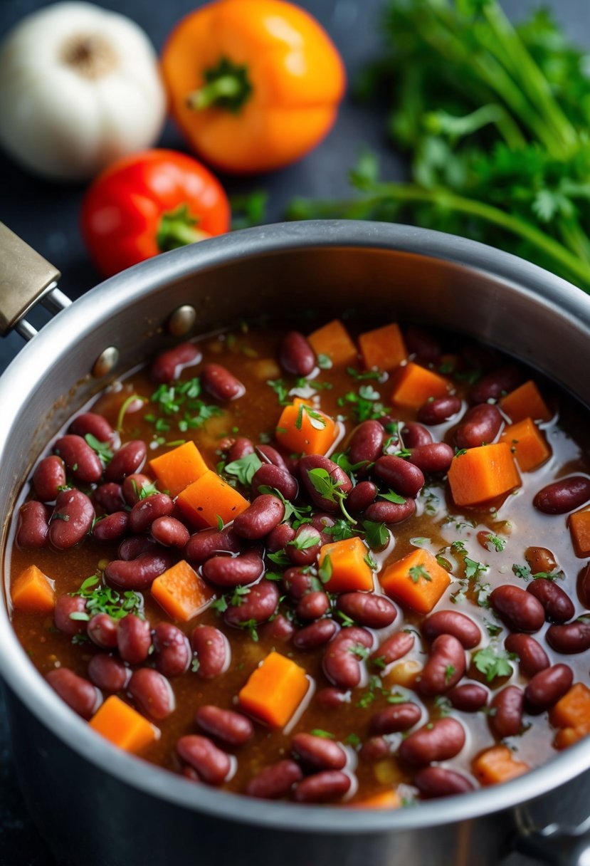 A pot of simmering kidney beans with diced vegetables and herbs