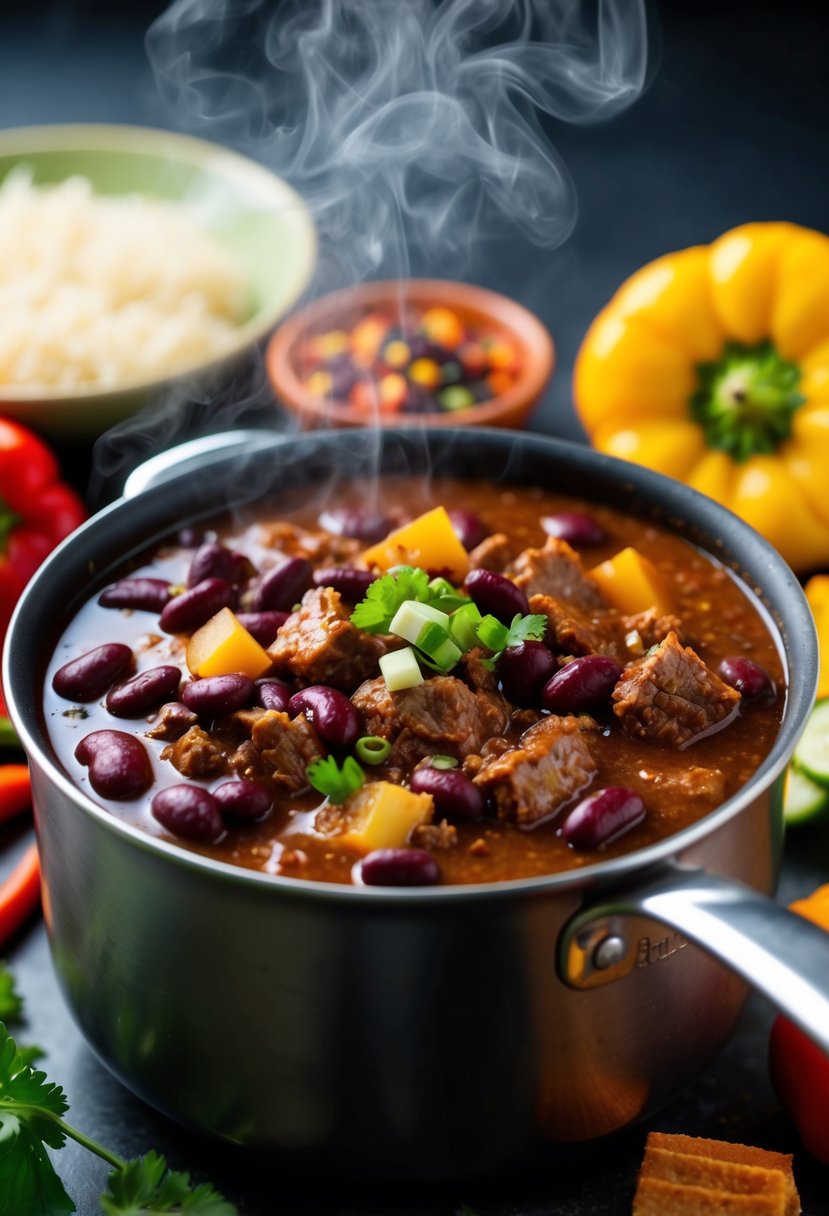 A steaming pot of classic chili with kidney beans and chunks of tender beef, surrounded by colorful spices and fresh vegetables