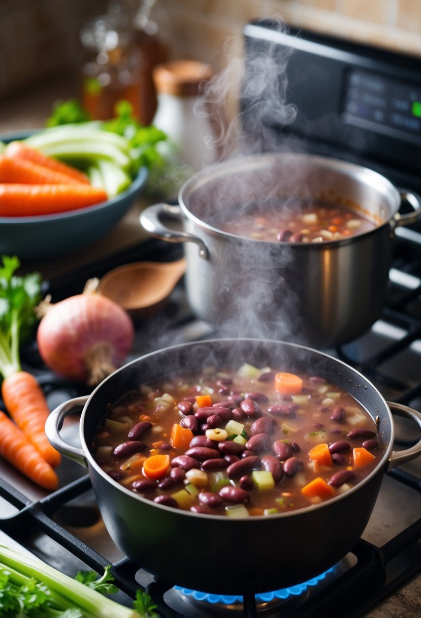 A pot of kidney bean soup simmers on a stovetop, surrounded by fresh ingredients like carrots, onions, and celery. Steam rises from the pot, filling the kitchen with a warm, savory aroma