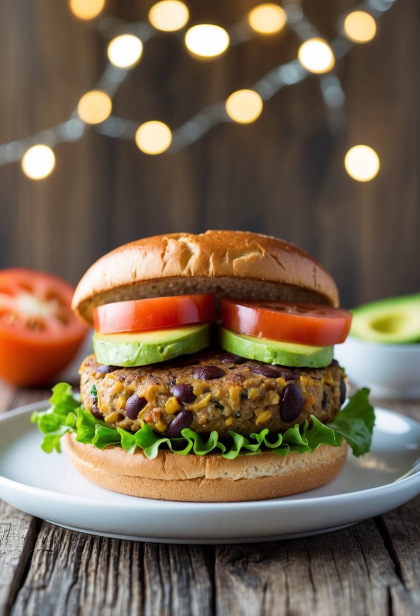 A veggie burger patty made with kidney beans, topped with fresh lettuce, tomato, and avocado, served on a toasted whole wheat bun