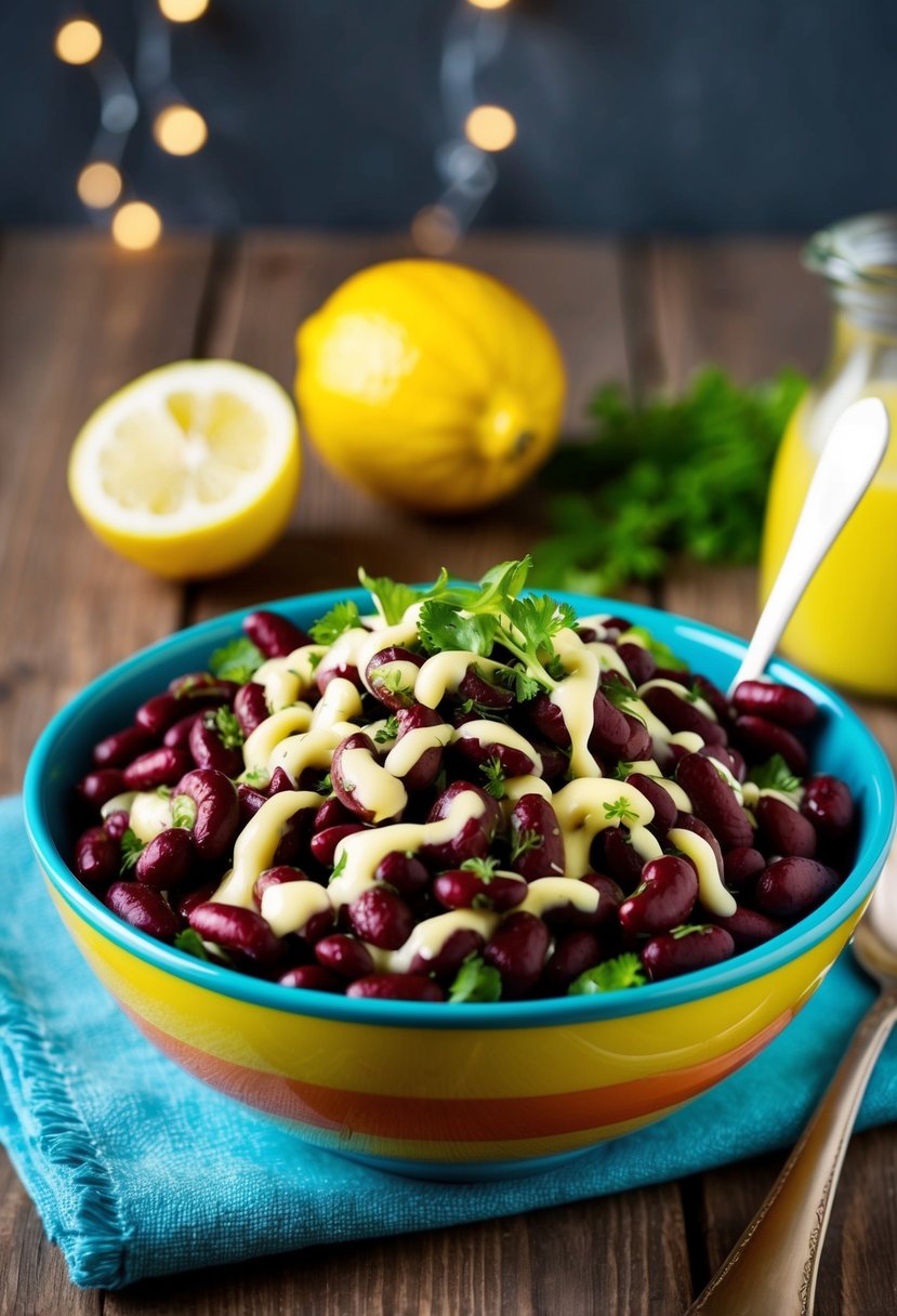 A colorful bowl of kidney bean salad sits on a wooden table, drizzled with tangy lemon dressing and garnished with fresh herbs