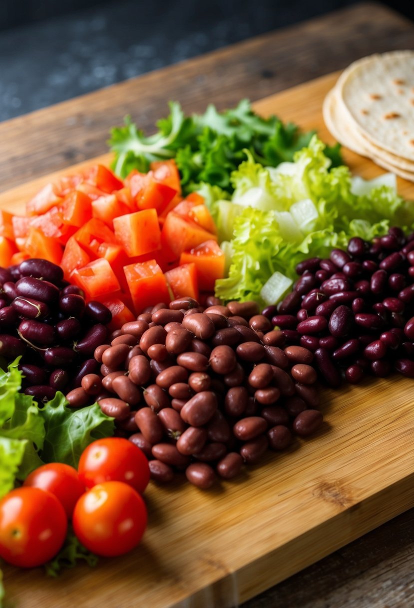 A colorful array of fresh ingredients laid out on a wooden cutting board, including kidney beans, diced tomatoes, lettuce, and tortillas