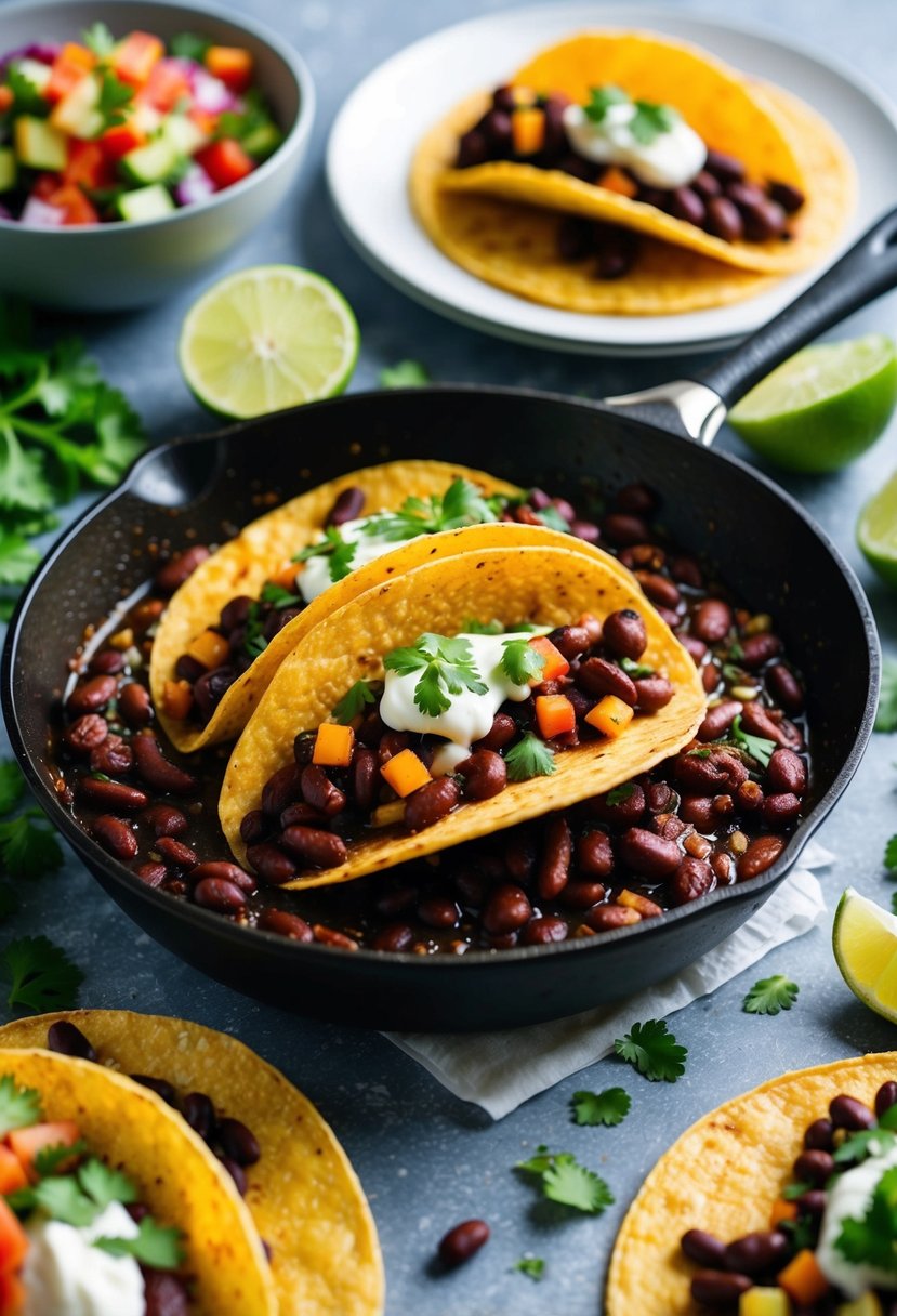 A sizzling skillet of kidney bean tacos, surrounded by colorful toppings and fresh ingredients