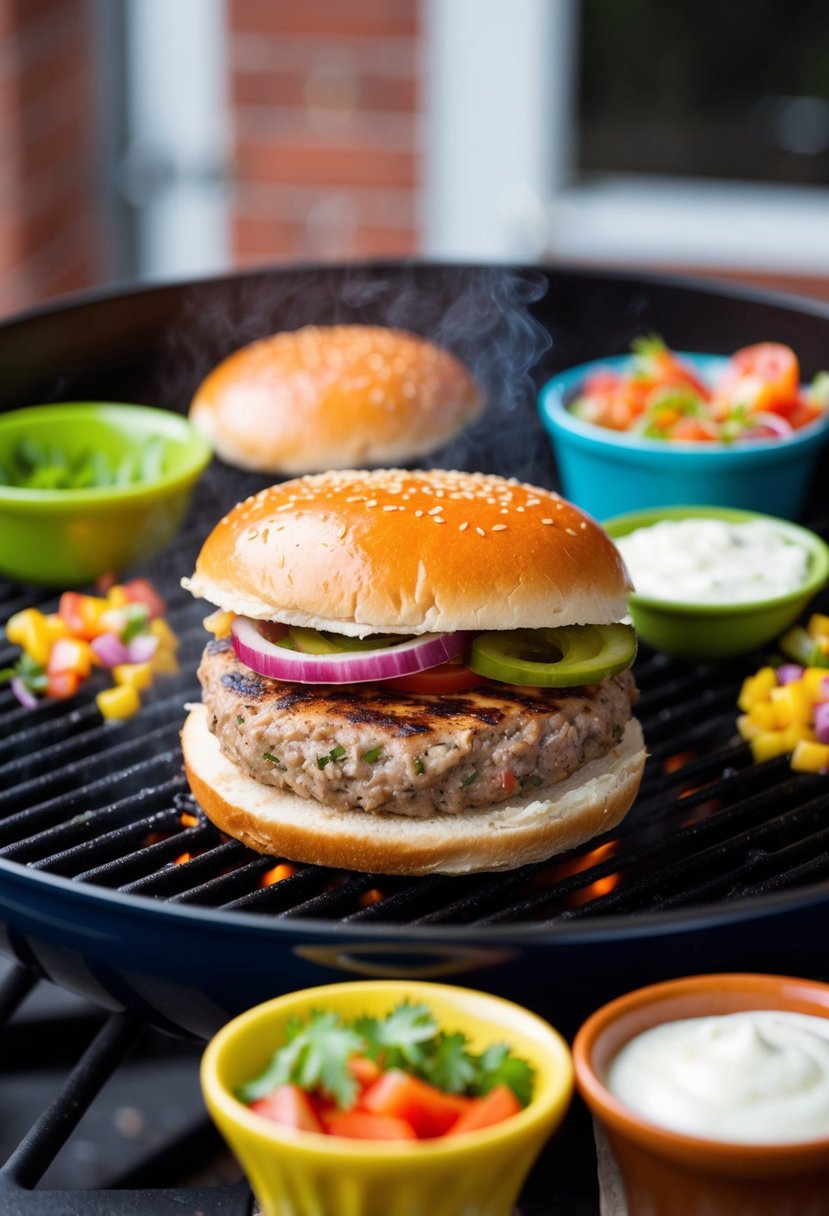 A sizzling ground turkey burger cooking on a grill, surrounded by colorful toppings and condiments