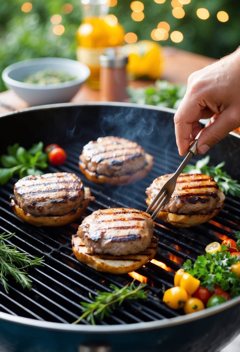 A chef grills juicy turkey thigh burgers on a sizzling hot barbecue, surrounded by vibrant herbs and spices