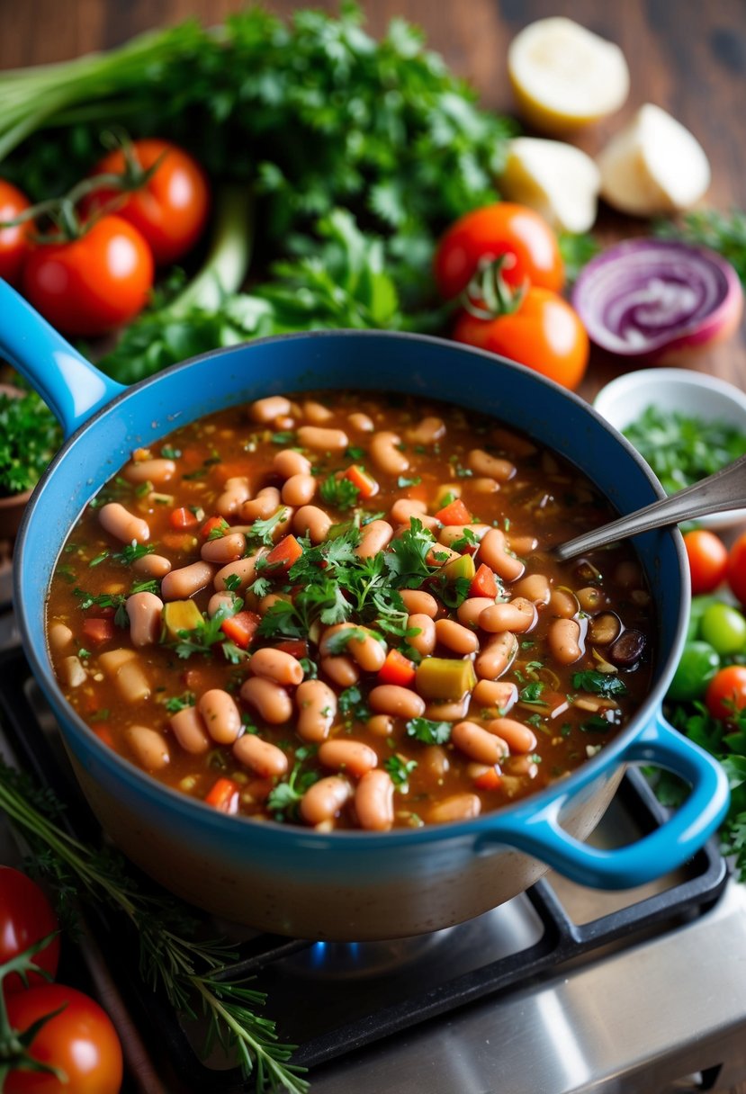 A bubbling pot of Mediterranean kidney bean stew simmers on a rustic stove, surrounded by fresh herbs, tomatoes, and colorful vegetables