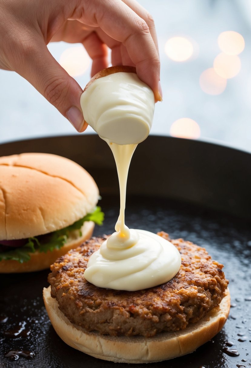 A dollop of mayonnaise being spread onto a sizzling ground turkey burger