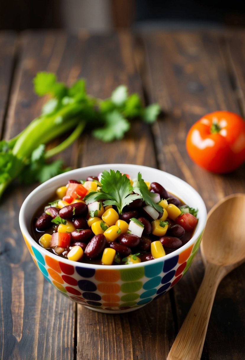 A colorful bowl of kidney bean and corn salsa, with diced tomatoes, onions, and cilantro, sits on a wooden table