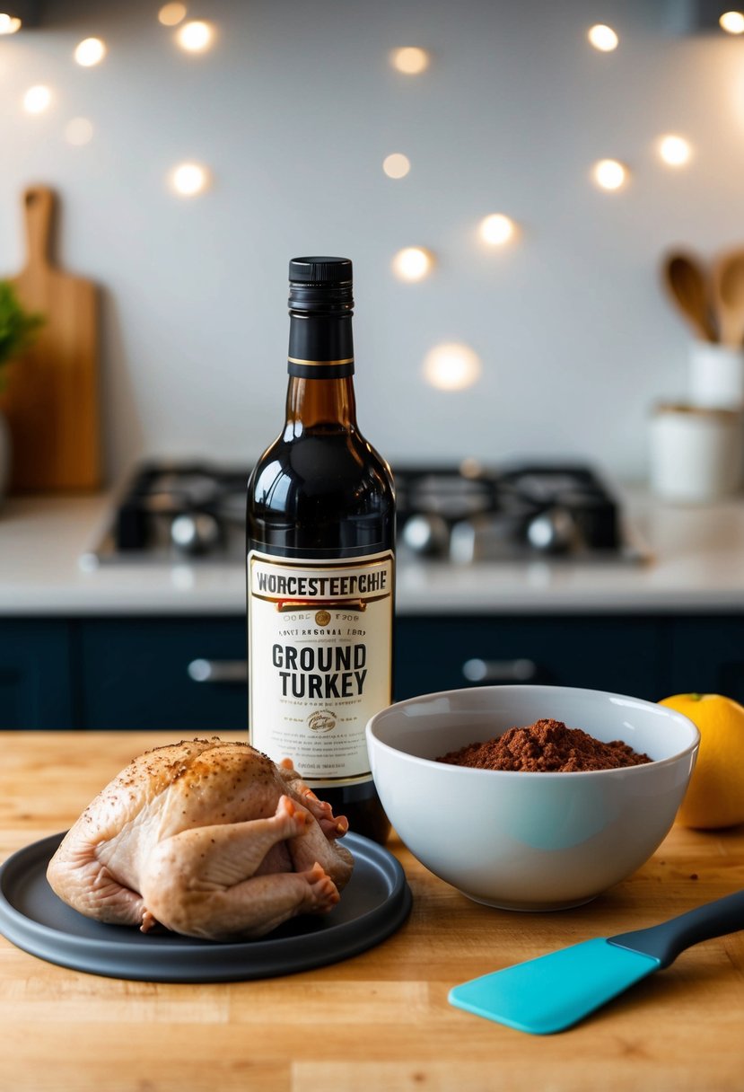 Ground turkey, Worcestershire bottle, mixing bowl, and spatula on a kitchen counter