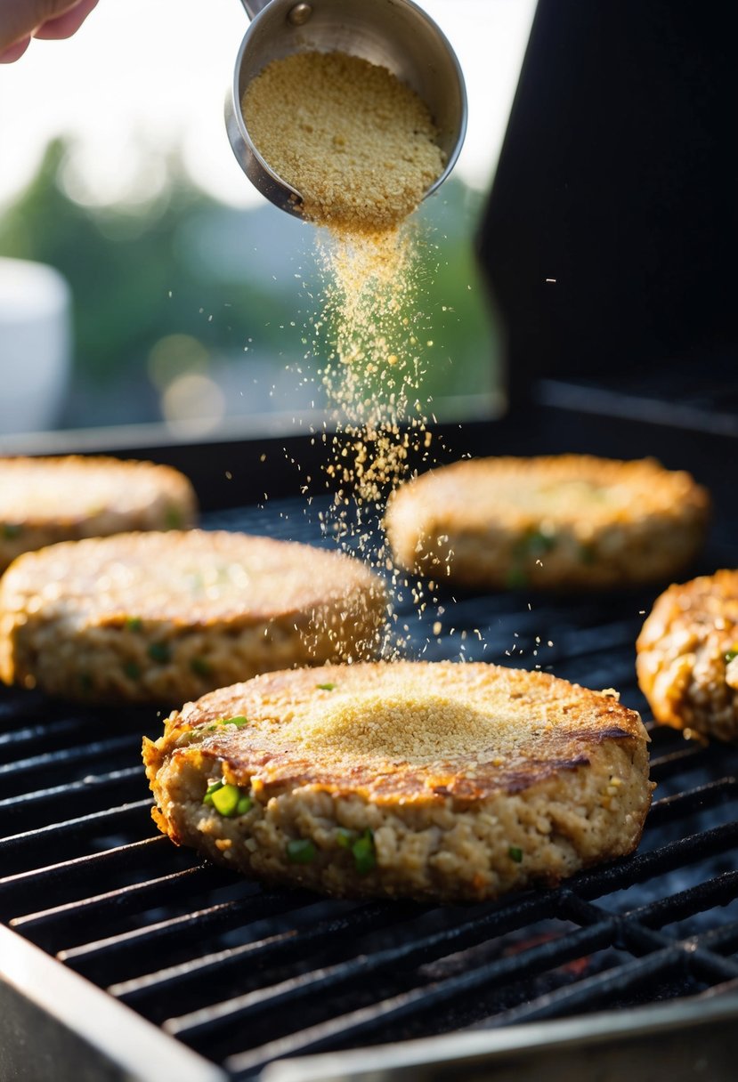 A sprinkle of garlic powder falls onto a sizzling ground turkey patty on a hot grill