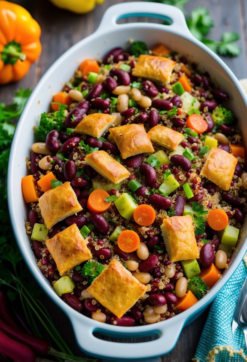 A colorful casserole dish filled with kidney beans, quinoa, and assorted vegetables, topped with a golden-brown crust