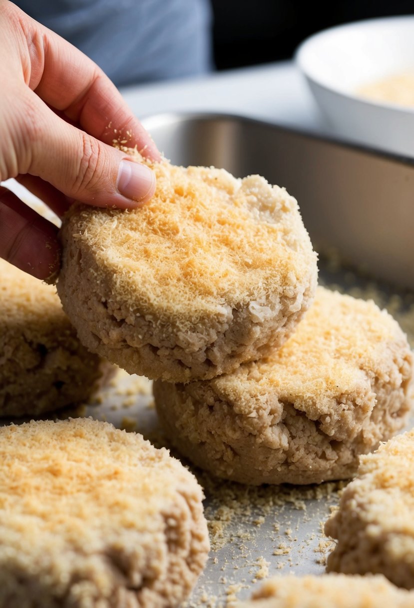 Ground turkey patties are being carefully coated in breadcrumbs, creating a textured outer layer before being cooked