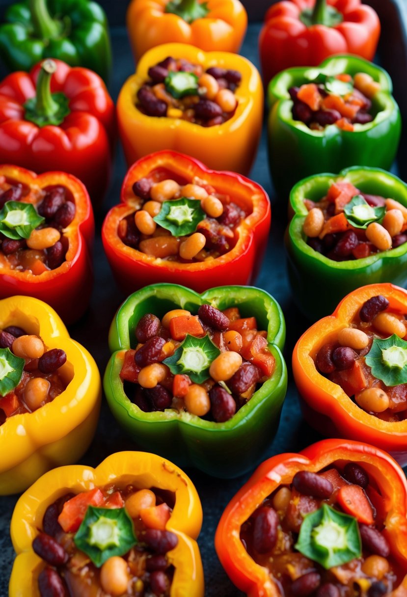 A colorful array of bell peppers, each filled with a hearty mixture of kidney beans, tomatoes, and spices, ready to be baked to perfection