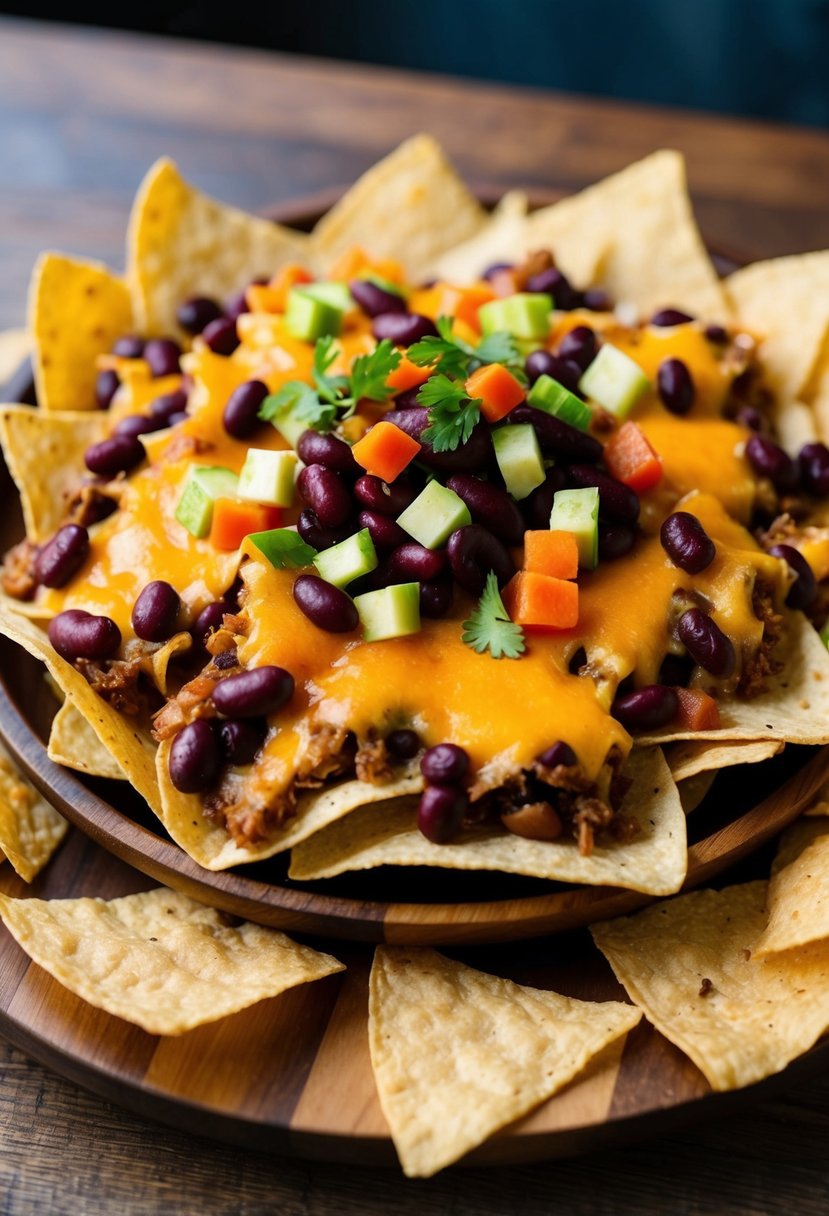 A plate of loaded nachos topped with kidney beans, melted cheese, and colorful diced vegetables, surrounded by tortilla chips on a wooden serving platter