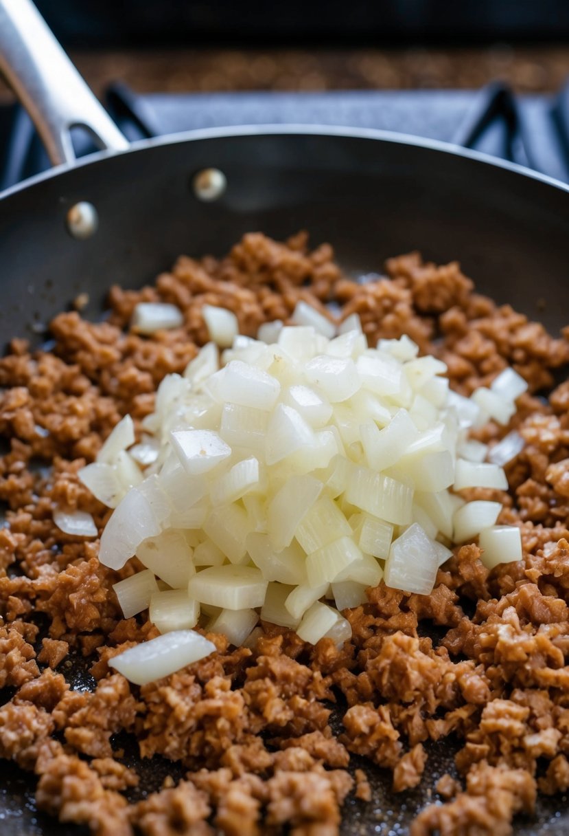 Chopped onions sprinkled over sizzling ground turkey in a pan