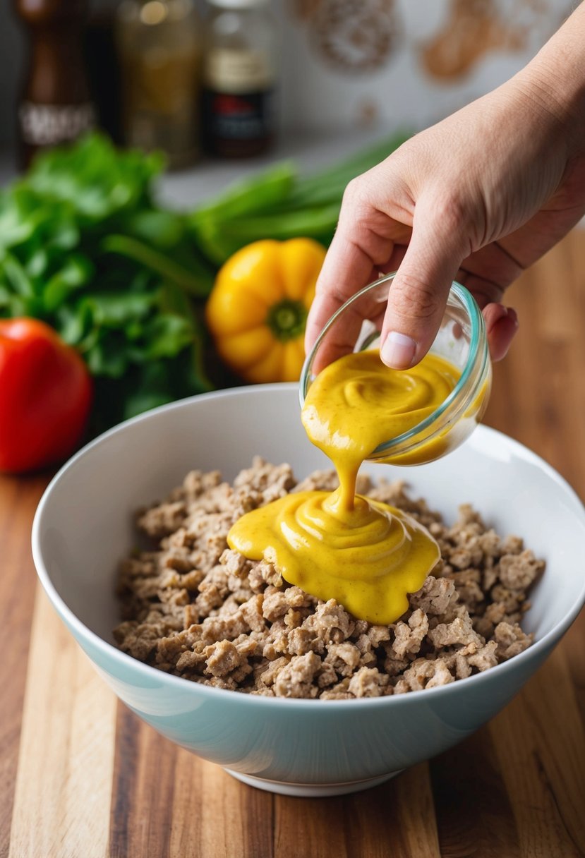 A hand mixing Dijon mustard into ground turkey in a bowl