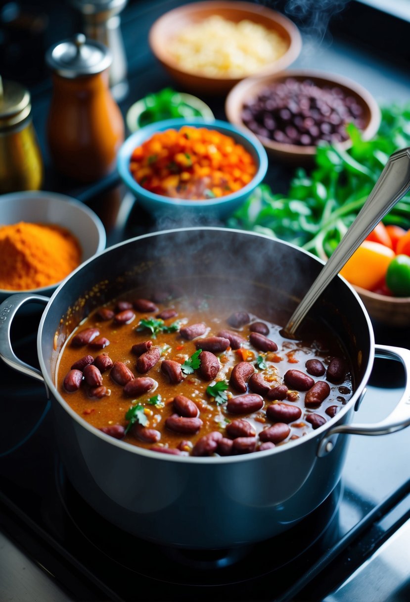 A steaming pot of hearty kidney bean curry simmering on a stove, surrounded by colorful spices and fresh vegetables