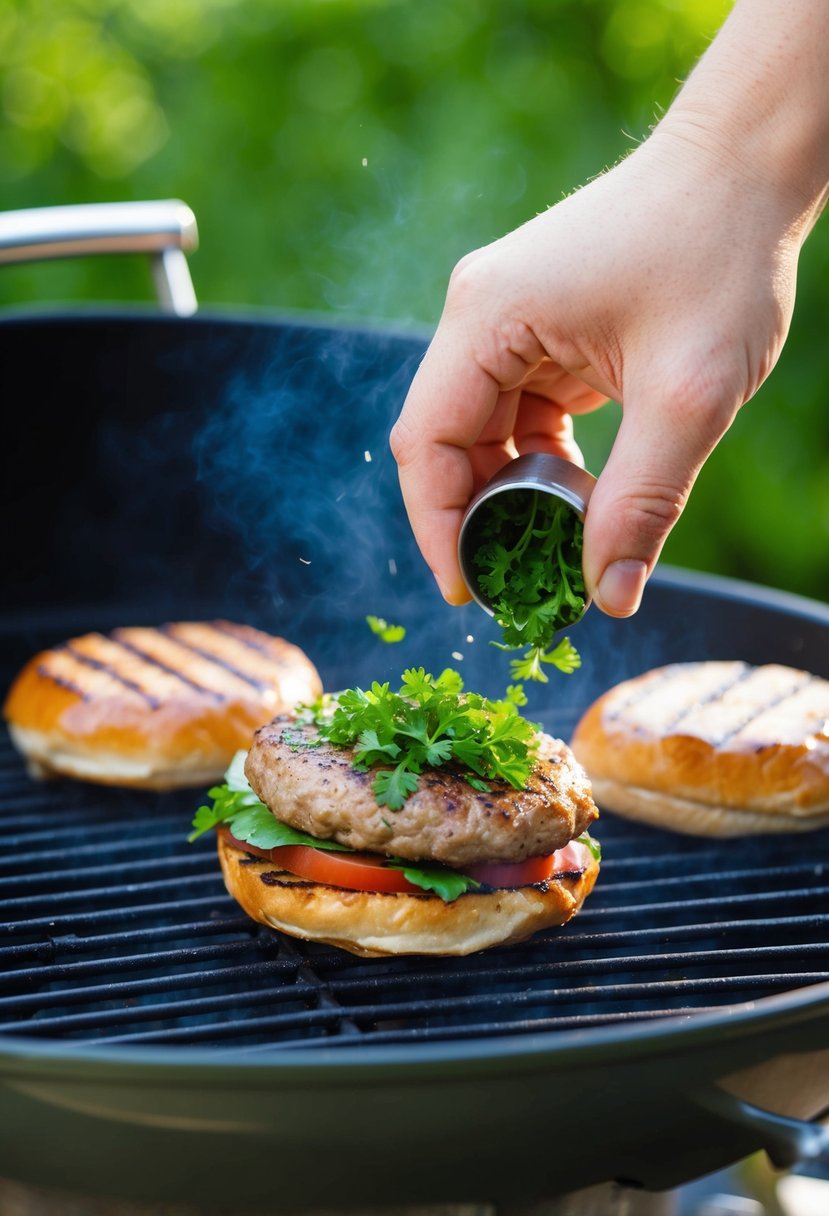 A hand sprinkles fresh parsley onto a sizzling turkey burger on a grill