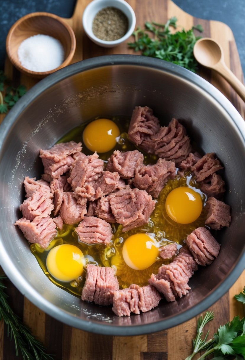 Raw ground turkey mixed with beaten eggs in a stainless steel bowl, surrounded by various spices and herbs on a wooden cutting board