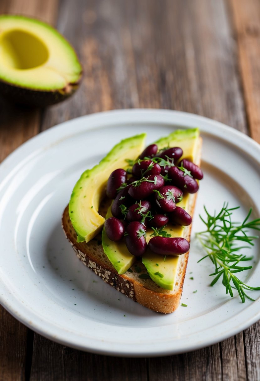 A slice of avocado toast topped with kidney beans and garnished with fresh herbs on a white ceramic plate