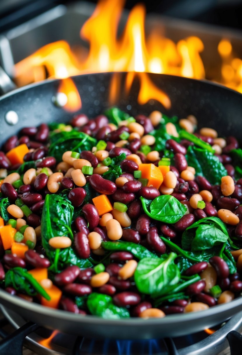 A sizzling skillet filled with kidney beans, spinach, and colorful vegetables being stir-fried over a hot flame