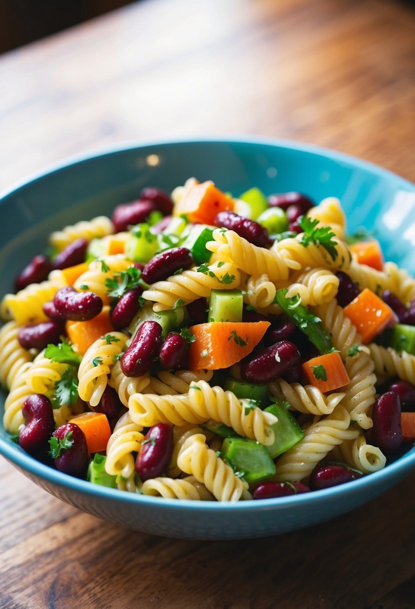 A colorful bowl of kidney bean pasta salad with vibrant vegetables and a light vinaigrette dressing, served on a wooden table