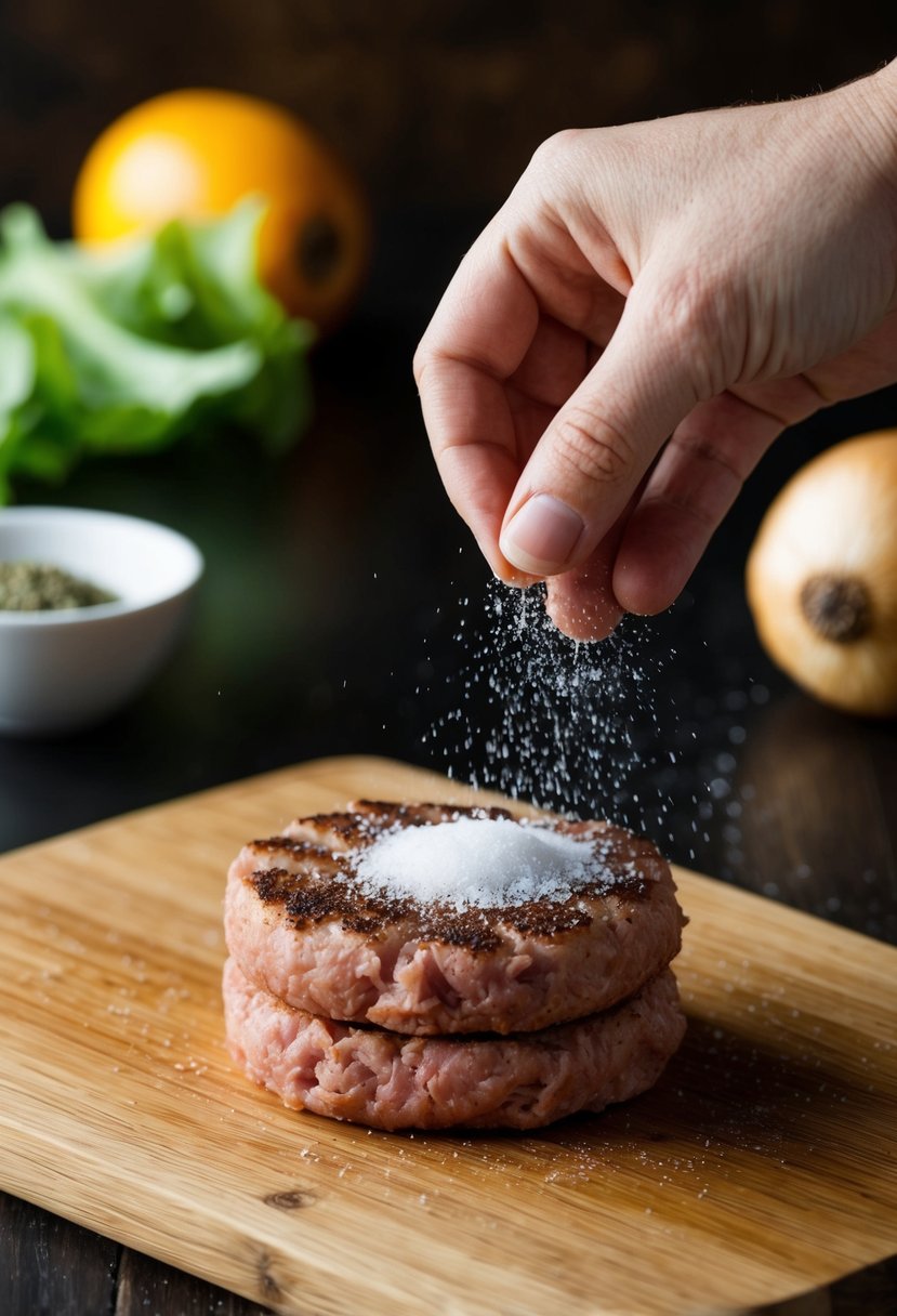 A hand sprinkles salt and pepper over a raw turkey burger patty on a wooden cutting board