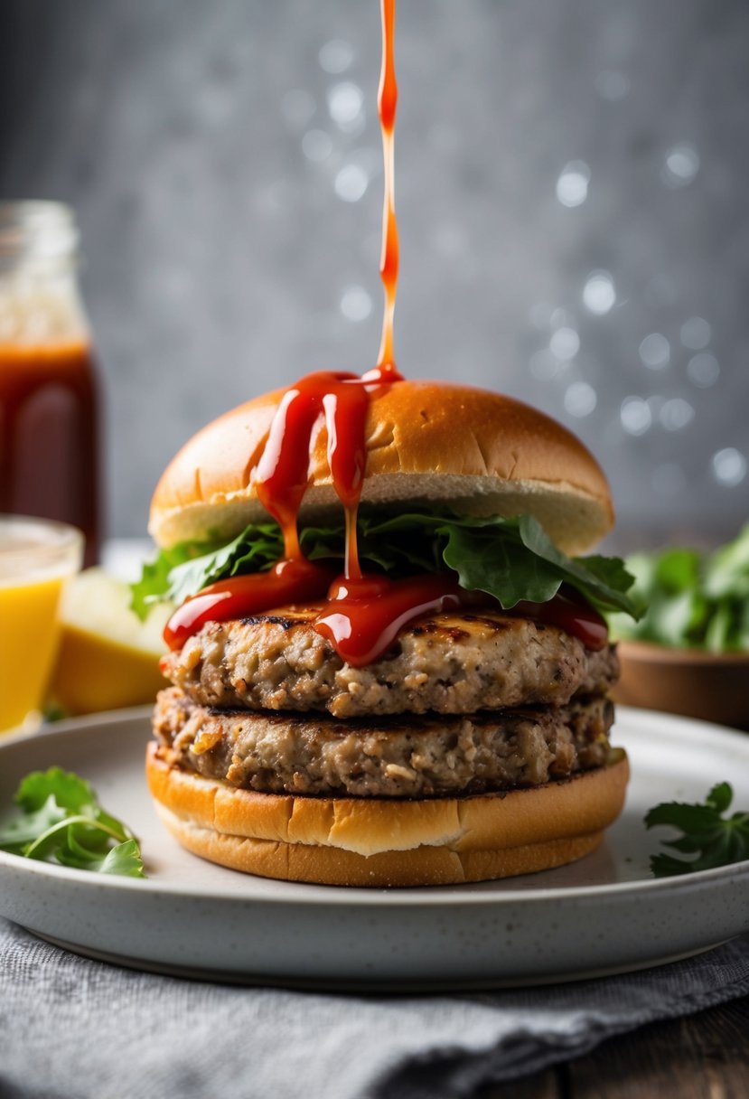 A juicy ground turkey burger topped with a drizzle of ketchup for a touch of sweetness