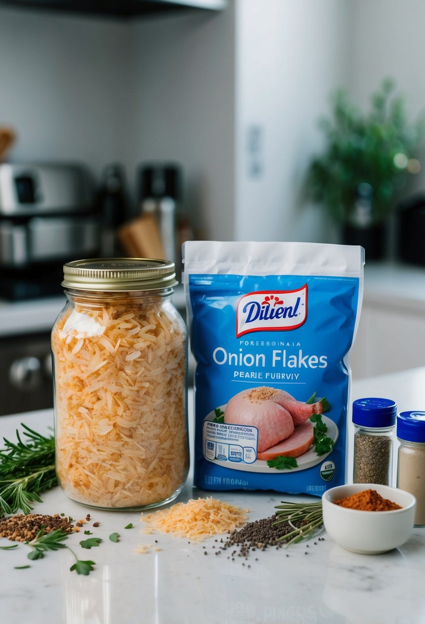 A jar of dried onion flakes next to a package of ground turkey, surrounded by various herbs and spices on a kitchen counter