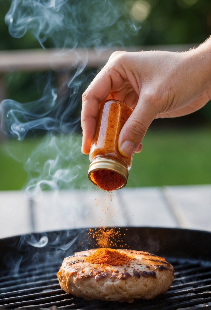 A hand sprinkles paprika onto a sizzling turkey burger on a hot grill. Smoke rises as the spice infuses the meat