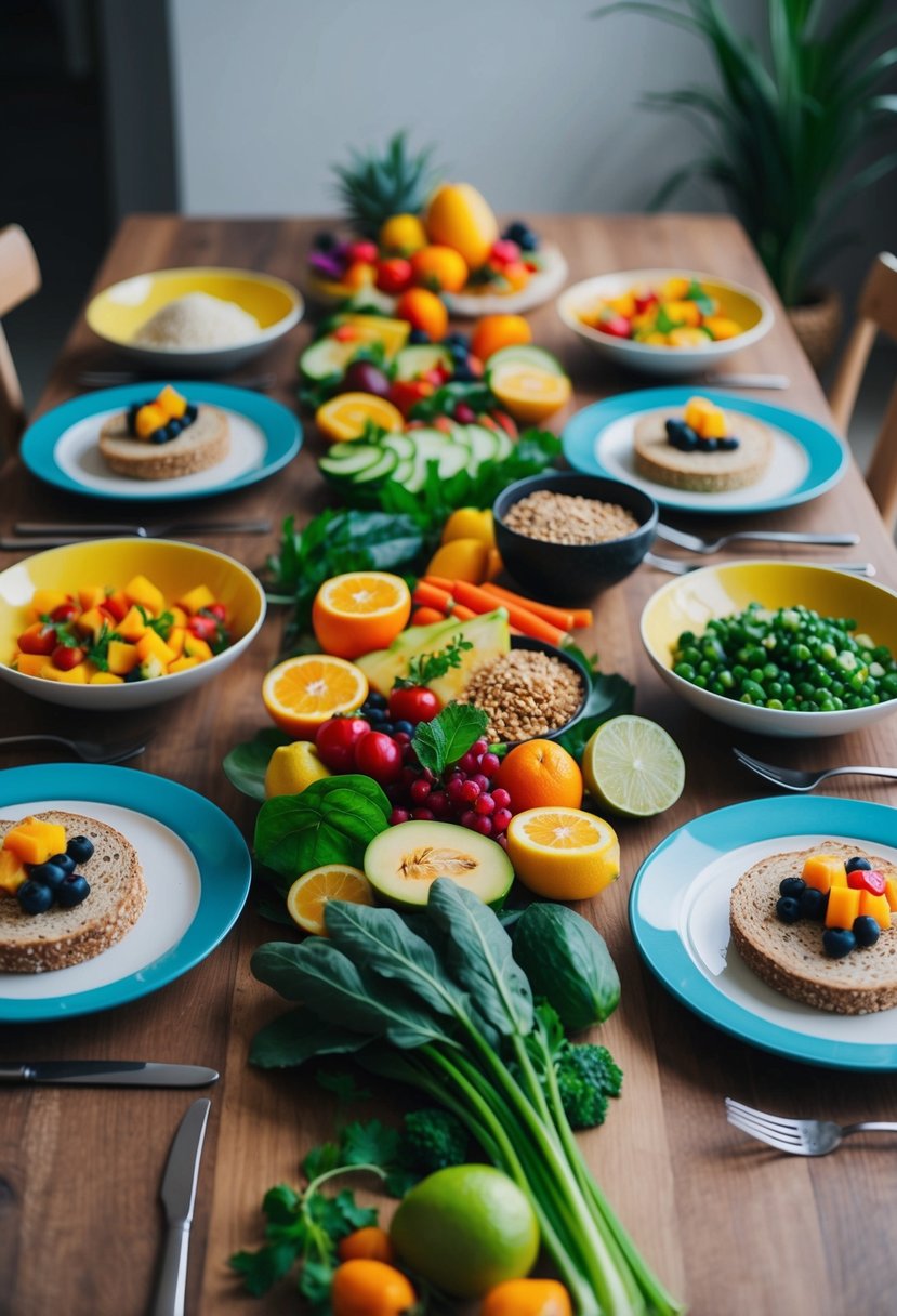 A table set with a colorful array of fresh fruits, vegetables, grains, and plant-based proteins, ready for a vegetarian breakfast