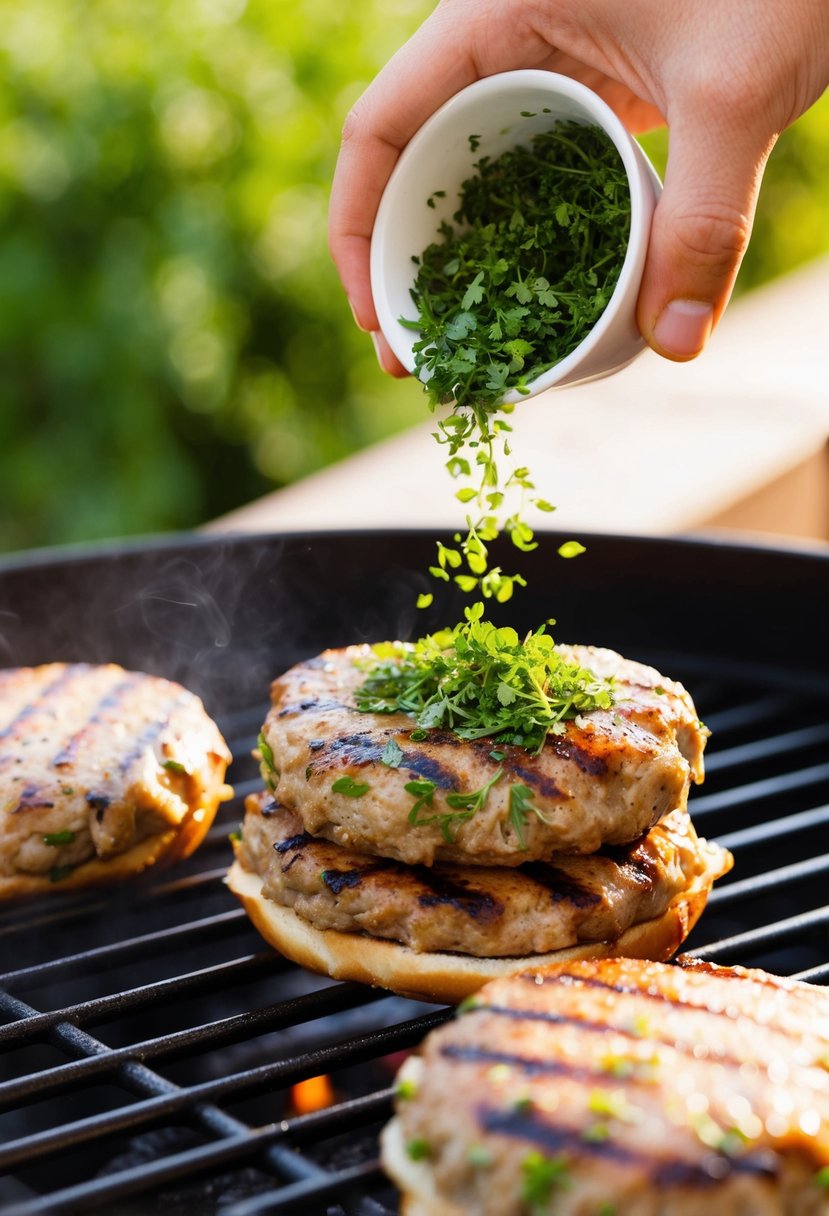 Fresh herbs being sprinkled onto sizzling turkey burgers on a hot grill