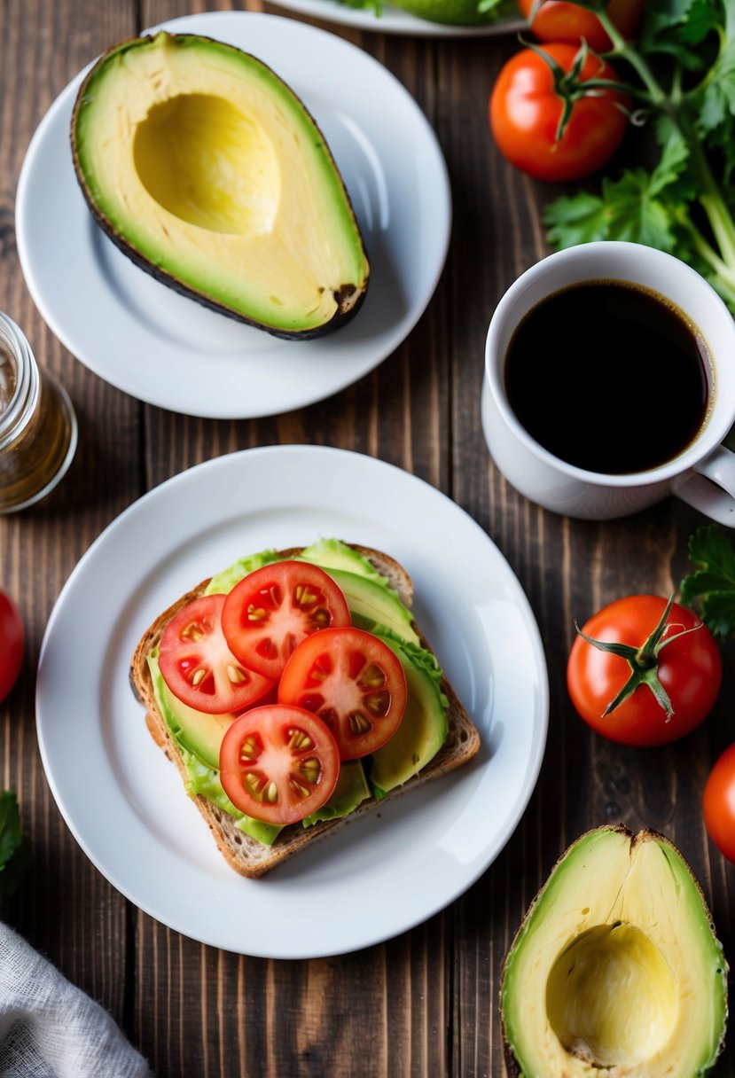 A plate with avocado toast topped with sliced tomatoes, surrounded by fresh ingredients and a cup of coffee on a wooden table