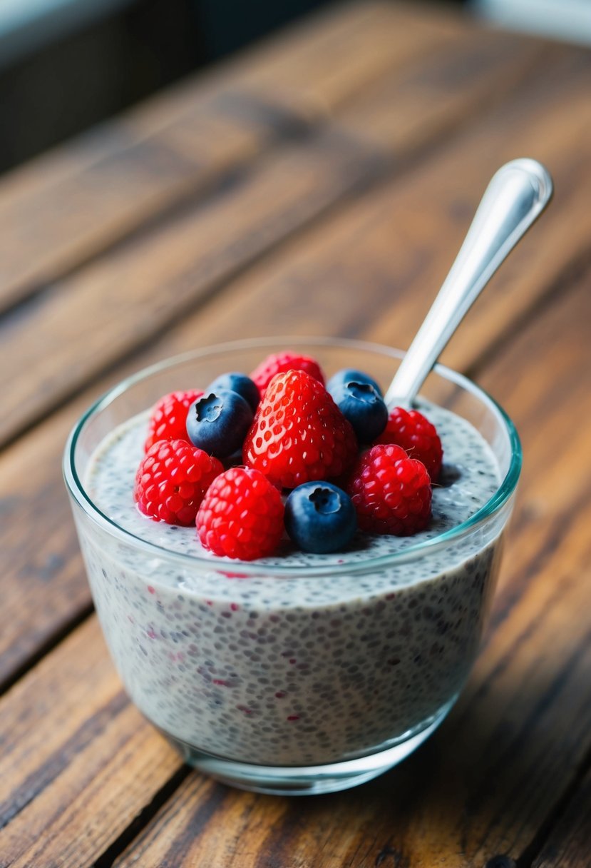 A glass bowl filled with chia pudding topped with fresh mixed berries on a wooden table