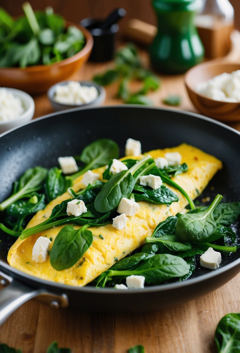 A sizzling omelette filled with vibrant green spinach and creamy feta, surrounded by fresh ingredients and a warm, inviting kitchen ambiance