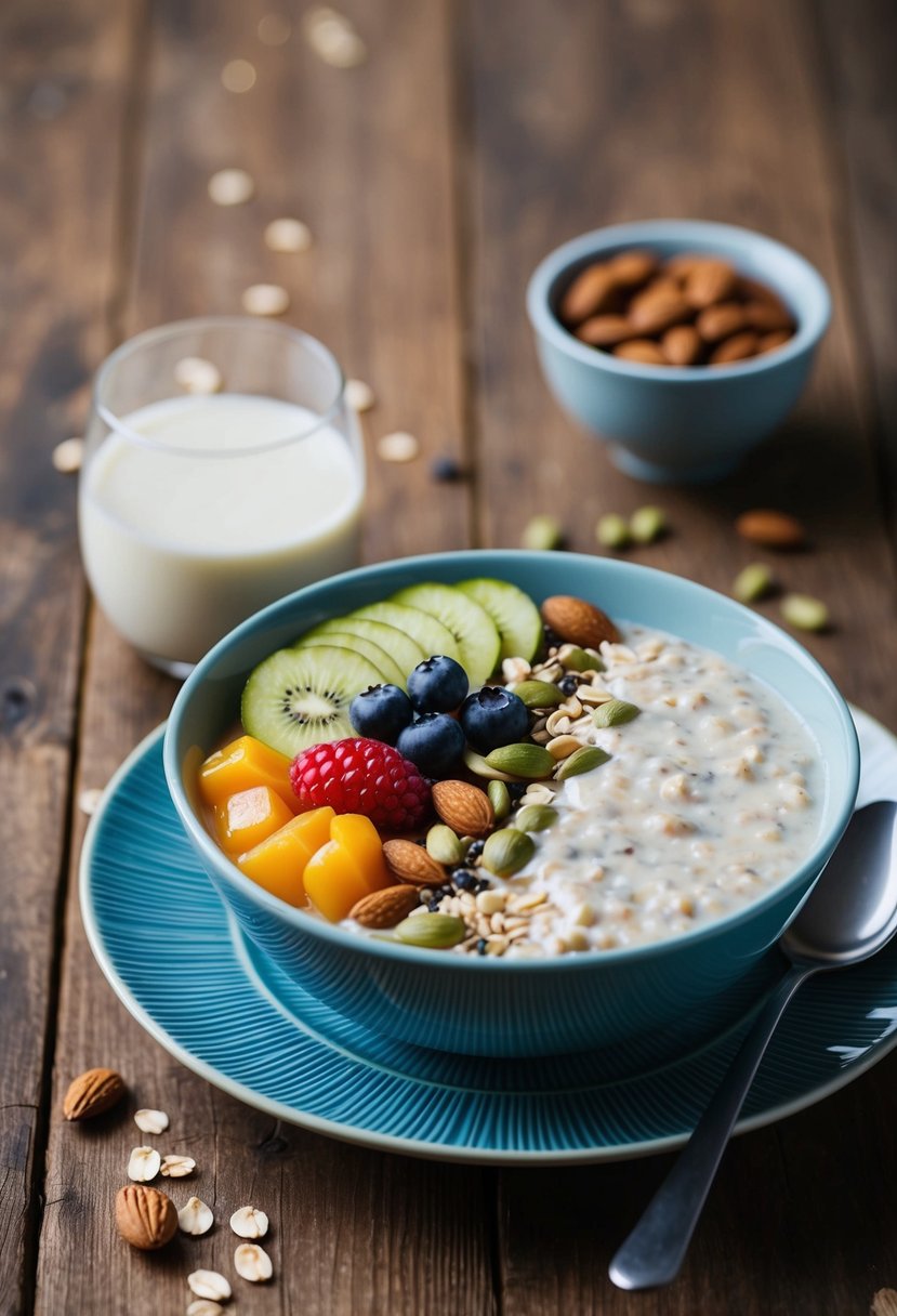 A bowl of overnight oats topped with fresh fruit, nuts, and seeds, alongside a glass of almond milk and a spoon