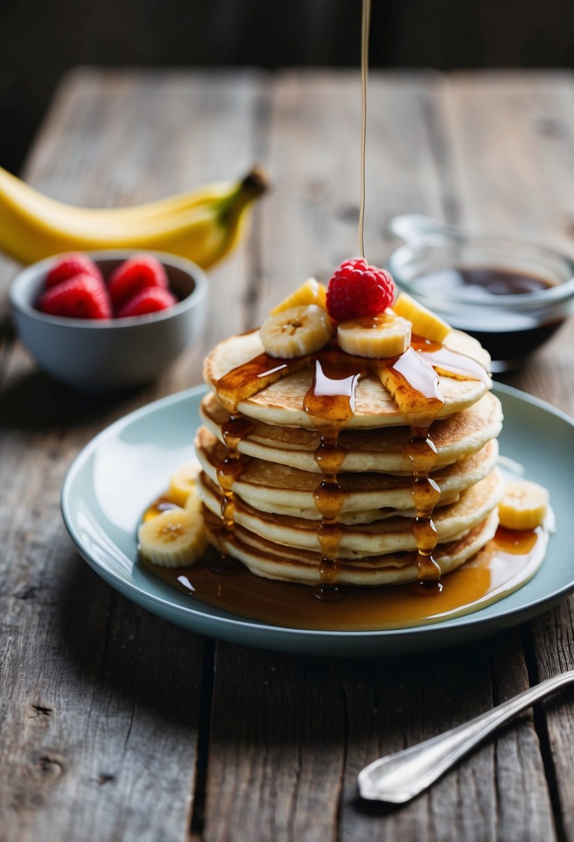 A plate of golden banana pancakes topped with fresh fruit and drizzled with maple syrup on a rustic wooden table